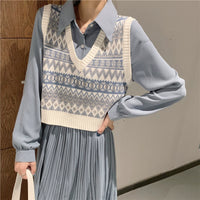 Áo gile len dệt kim cổ chữ V dáng rộng ngắn phong cách retro Nhật Bản